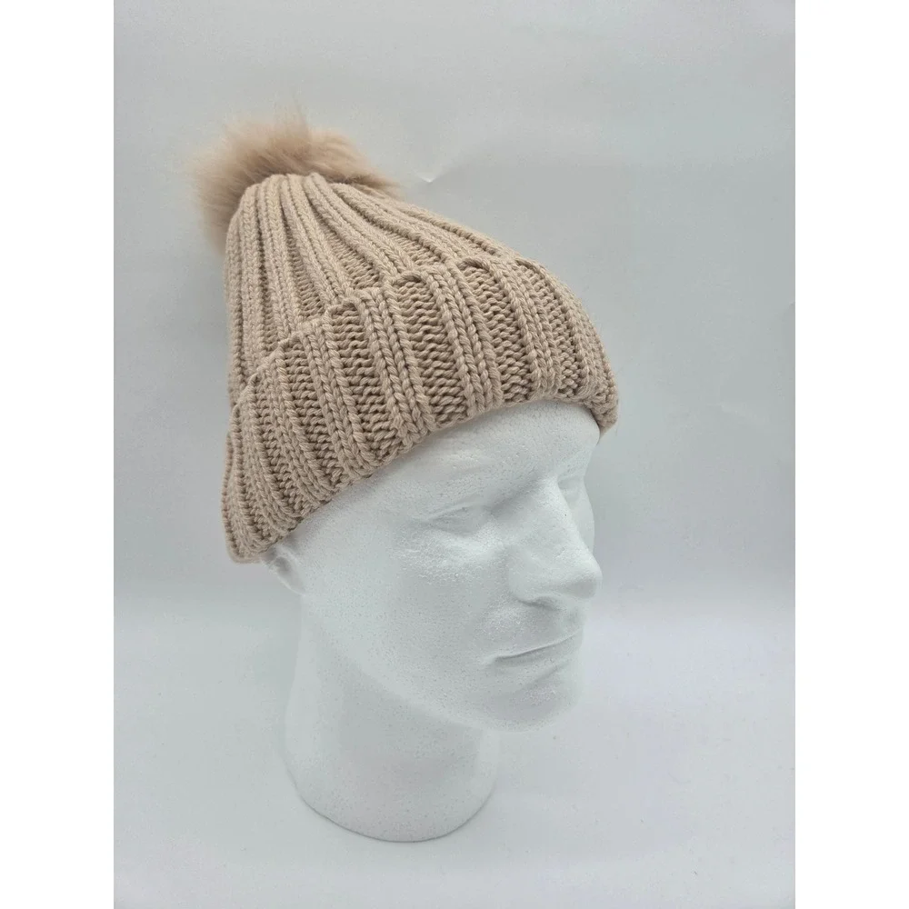 Time and Tru Beanie OS Tan Womens Ribbed Faux Fur Pom Pom Recycled Knit Hat
